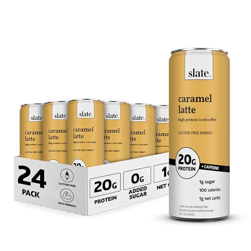 Slate Milk - High Protein Iced Coffee - Caramel Latte - 175mg Caffeine, Lactose Free Energy - 20g Protein, 1g Sugar, 100 Calories, 1g Net Carbs, No Sugar Added - Protein Coffee - 11 fl oz, 24 Cans