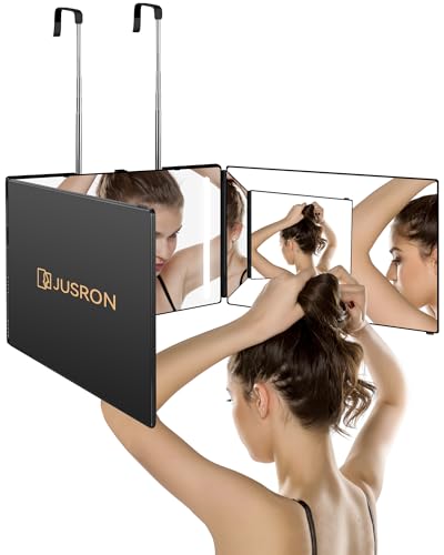 JUSRON 360 Viewing Angle Self Hair Cutting Mirror, Clear Anti-Fog HD Glass, USB Rechargeable, Easy to Use, Height Adjustable, Portable, Good Choice for Gifts