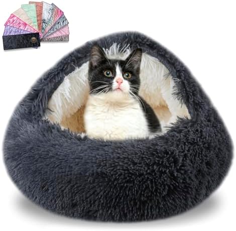 Cat Beds for Indoor Cats,Cat Cave for Puppy and Kitty,Calming Small Dog Bed for Small Dogs with Cover Cave,Cozy Warming Fluffy Washable Anti-Slip Pet Sleeping Bag(24 * 24inch,Dark Gray)