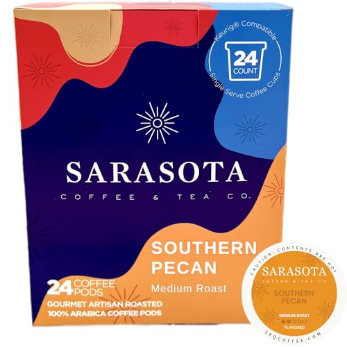 Sarasota K-Cup Coffee Pods | Medium Roast Flavored Coffee | Southern Pecan Crunch | Single Serve for Keurig Brewers | Gourmet, Low Acid, Mold Free | 24 Count