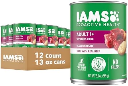 IAMS Proactive Health Adult Wet Dog Food Classic Ground with Beef and Rice, 13 oz. Cans, Pack of 12
