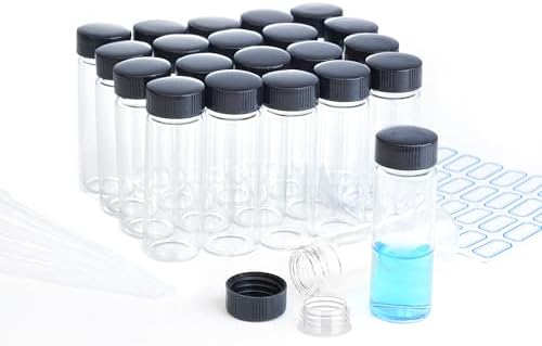 30ml Clear Glass Vials with Screw Caps and plastic Stoppers,Small Lab Sample Vials with Lids, Leak-Proof Liquid Storage Empty Vial. 20PCS