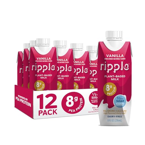 Ripple Non-Dairy Milk, Vanilla | Vegan Milk With 8g Pea Protein | Shelf Stable Single Serve Cartons | On-The-Go | Non-GMO, Plant Based, Gluten Free | 8 oz (Pack of 12)