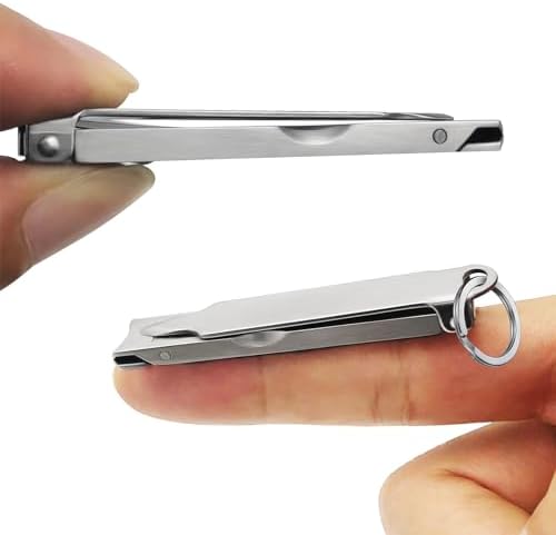 Ultra Thin Portable Fingernail Clipper Small Pocket Folding Nail Clippers, Wide Jaw Cutter with Keychain Curved Trimmer, Flip Open Brushed Finish (Small-Brushed)
