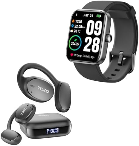 TOZO OpenEgo True Wireless Open Ear Headphone Black S2 44mm Smart Watch