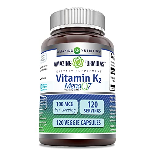 Amazing Formulas Vitamin K2 Menaq7 MK7 Supplement | 100 Mcg | Veggie Capsules | Non-GMO | Gluten Free | Made in USA (1 Pack, 120 Count)