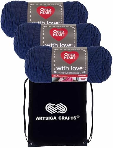 Red Heart with Love Navy E400-1801 (3-Skeins - Same Dye Lot) Worsted Medium #4 Acrylic Yarn for Crocheting and Knitting with Project Bag