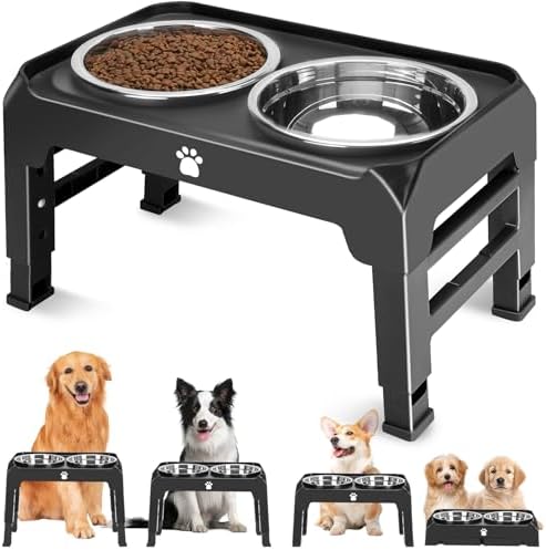 Elevated Dog Bowls Heights Adjustable Raised Dog Bowl Stand with 2 Stainless Steel Dog Food Bowls Non-Slip Foldable Dog Feeder for Medium Large Dogs, Adjust to 12.36", 10.75", 9.2",3.7", Black