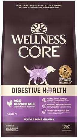 Wellness CORE Digestive Health Senior Dry Dog Food, Wholesome Grains, Natural, Ingredients for Dogs with Sensitive Stomachs, Age Advantage Chicken & Brown Rice Recipe, (24-Pound Bag)