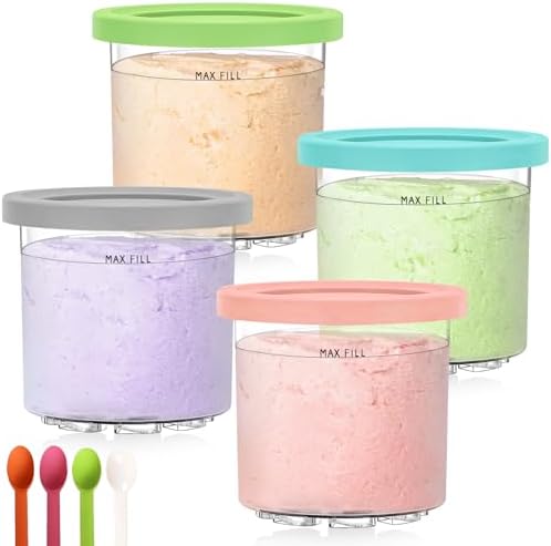 Replacement For Ninja Creami Deluxe Pints and Lids-4 Pack & BPA Free, Dishwasher Safe, Colorful Lids, Clear Ice Cream Cups 16oz Compatible with NC300 NC299AMZ Ice Cream Maker