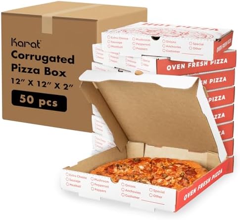 Karat Pizza Boxes 12" x 12" [50 Pack] Classic Red Print Grease-Resistant Corrugated Pizza Box, Ventilated & Convertible to Plate, Perfect for Personal & Pizzas