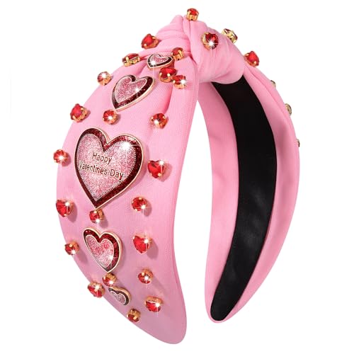 Valentine's Day Headbands for Women Glitter Happy Valentines Day Heart Headband Pink Red Heart Crystal Knotted Headband Valentine's Day Hair Accessories Party Decor Gifts (Happy Valentines Day)