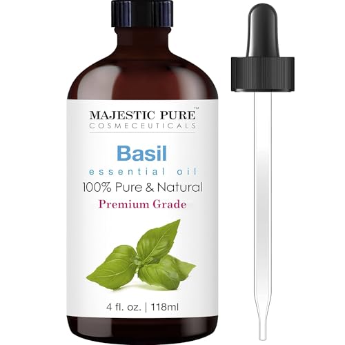 MAJESTIC PURE Basil Essential Oil | 100% Pure and Natural Basil Oil | Premium Grade Essential Oils for Hair Care, Home Diffusers, Skin, Aromatherapy, Massage and Humidifiers | 4 Fl Oz