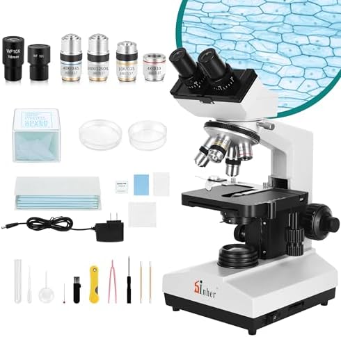 Sinher XSZ-107BN Professional Binocular Compound LED Microscope 40x 1600x for Adults with Microscope Slides, Microscope Kit for Home School Lab