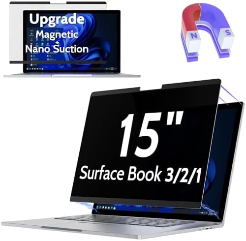 Magnetic Privacy Screen for Surface Book 3/2/1 15 Inch, Removable Anti Blue Light Glare Filter, Black Security Private Apy Block Protector