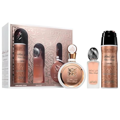 Lattafa Fakhar for Women 3 Piece Set (3.4 Oz Eau de Parfum Spray + 1.7 Oz Hair Mist + 6.7 Oz Deodorant Spray)