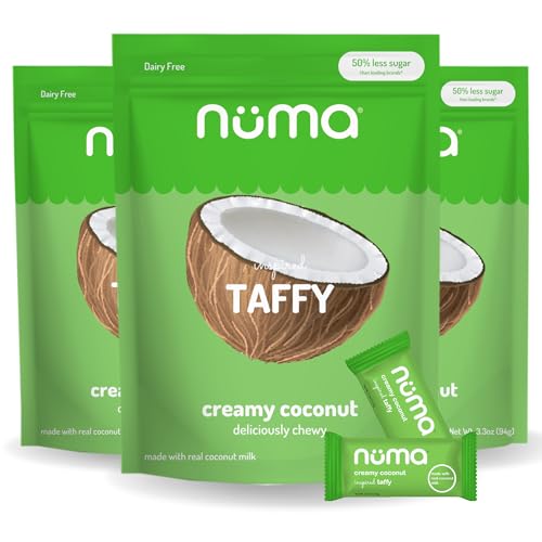 Numa Foods Creamy Coconut Taffy Candy – Dairy Free, Low Sugar Candy - Low Calorie & All Natural Chewy Snack with Real MCT-Rich Coconut Milk, Gluten Free – 3 Bags with 8 Individually Wrapped Chews Each