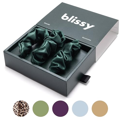 Blissy Silk Scrunchies (3 Pack) - 100% Pure Mulberry Silk - 22 Momme 6A High-Grade Fibers - Silk Scrunchie for Straight & Curly Hair (Emerald, Skinny)