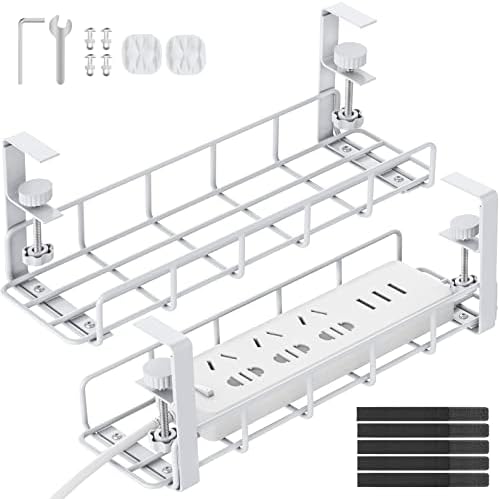 Under Desk Cable Management Tray, 15.7'' White No Drill Steel Desk Cable Organizers, Wire Management Tray Cable Management Rack, Desk Cable Tray with Wire Organizer White(2 Pack)