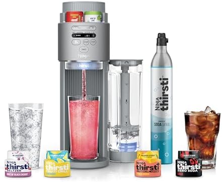 Ninja Thirsti Max Custom Hydration System, Soda Maker, Sparkling Water Maker, Custom Still & Sparkling Drinks, Compact Design, With 60L CO₂ Cylinder & Flavored Water Drops, Silver WC2002