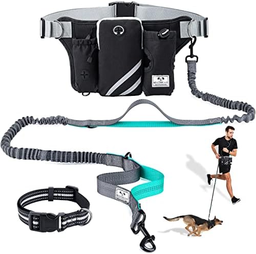 SHINE HAI Retractable Hands Free Dog Leash with Dual Bungees for Dogs, Adjustable Waist Belt Bag, Reflective Stitching Leash for Running Walking Hiking Jogging Biking (for 1 Dog)