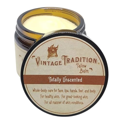 Beef Tallow Balm for Skin Care â€“ Unscented, All Purpose Balm for Sensitive Skin Heals and Hydrates with Olive Oil + Tallow from Grass-Fed Cows â€“ Beef Tallow for Skin by Vintage Tradition, 2 fl. oz.