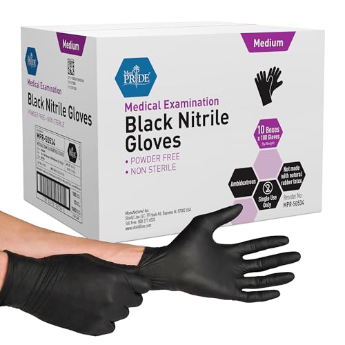 MED PRIDE Black Nitrile Medical Examination Gloves (Medium, 1000-Count) Ultra-Strong 6 mil Thick, Latex & Rubber Free, Disposable Powder-Free Gloves for Healthcare & Food Handling Use