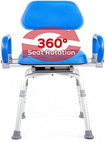 Revolution Pivoting Shower Chair for Bathtub, Adjustable Swivel Seat with Padded Back and Arms, Adjustable Space Saving Design for Tubs, Shower, for Elderly, Handicap & Seniors, Blue
