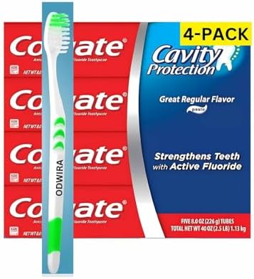 4-Pack Cavity Protection Fresh Toothpaste with Fluoride, Regular Flavor, 8oz, (Total 32 oz) Plus 1-Pack ODWIRA Toothbrush for Colgate Toothpaste