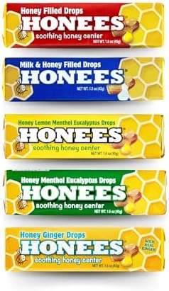 Honees Honey Filled Drops, Variety Pack (Honey, Milk & Honey, Honey Lemon, Menthol and Ginger)-Natural Sore Throat Relief -Throat Lozenges, Nothing Artificial - Non-GMO, Gluten Free (5 Pack-45 Drops)