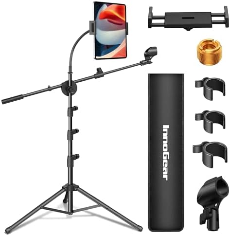 InnoGear Mic Stand, 6 in 1 Microphone Stand Floor with Tablet Phone Holder Height Adjustable from 30" to 72" Mic Stand Tripod Boom Arm with Gooseneck Carrying Bag for Singing Karaoke Stage