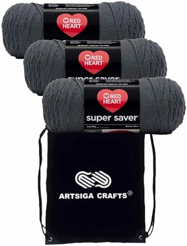 Red Heart Super Saver Charcoal E300-3950 (3-Skeins - Same Dye Lot) Worsted Medium #4 Acrylic Yarn for Crocheting and Knitting with Project Bag
