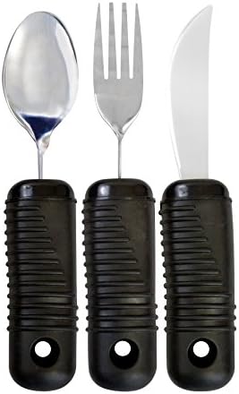 3 Piece Super Easy Grip Flatware Set - Bendable Built Up Utensils - Fork, Knife, and Spoon (Standard) - Black