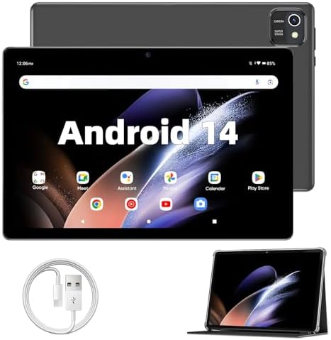 Tablet 10.1 inch Android 14 Tablets, 6GB RAM 64GB ROM 1TB Expand, Quad-Core Processor, 1280x800 IPS Touch Screen, 6000mAh, BT5.0, Dual Camera, GPS, WiFi (Black)