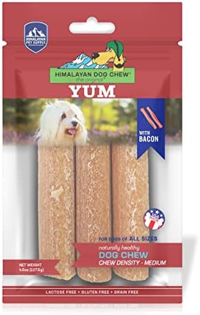 Himalayan Dog Chew Yak Cheese Dog Chews, Lactose Free & Grain Free, USA Made, For All Dog Breeds, Medium Density Cheese Chew, Resealable Pouch with 3 YUM Treats, Bacon Flavor