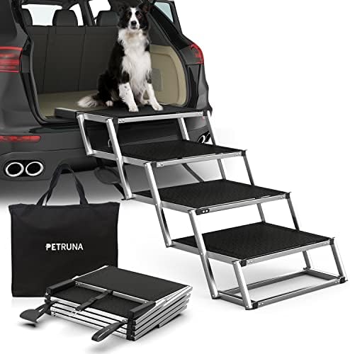 Extra Wide Dog Stairs for Large Dogs, Foldable Dog Ramp for Car with Non-Slip Surface, Dogs Stairs for Cars, High Beds, Truck, Supports up to 250 lbs, 4 Steps