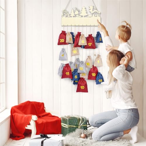 MOVINPE Advent Calendar Set for Filling, Featuring Wooden Sign and 24 Jute Bags to Fill Your Own, Fillable Red/Blue/Beige/Grey Tones Christmas Gift Bags, Countdown Hanging Reusable Wall Decoration