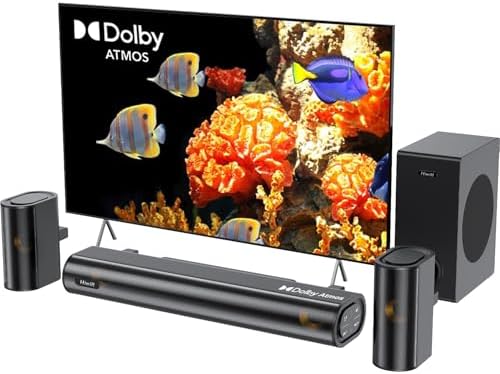 Hiwill 4.1ch Dolby Atmos Soundbar, 300W Sound Bars for Smart TV with Subwoofer, 2 Front Surround Speakers, Soundbar for TV Speakers, Adjustable Bass & Treble, Surround Sound System for TV, HiElite A41