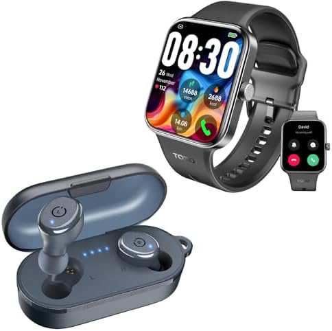 TOZO S4 AcuFit One Smartwatch Bluetooth Talk Dial Fitness Tracker Black + T10 Bluetooth 5.3 Wireless Earbuds Blue