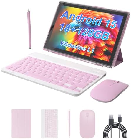 Android 15 Tablet 10 inch Tablet 2 IN 1Tablets with Keyboard Mouse Case Stylus 18GB RAM 128GB ROM 2TB Expand, 1280x800 10.1" IPS HD Touchscreen 6000mAh Battery Bluetooth Dual Camera GMS 5G-WiFi Wifi6