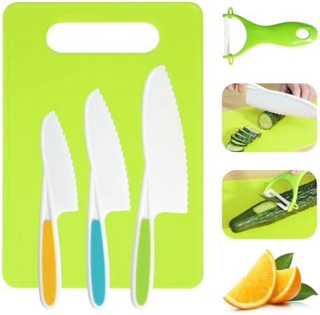 Kids Knife Set, 5 Pcs Montessori Kitchen Tools for Toddlers' Real Cooking, BPA Free Kids Safe Kitchen Cooking and Baking Set with Peeler, Cutting Board for Sandwich Bread Vegetable Fruit Present Gift