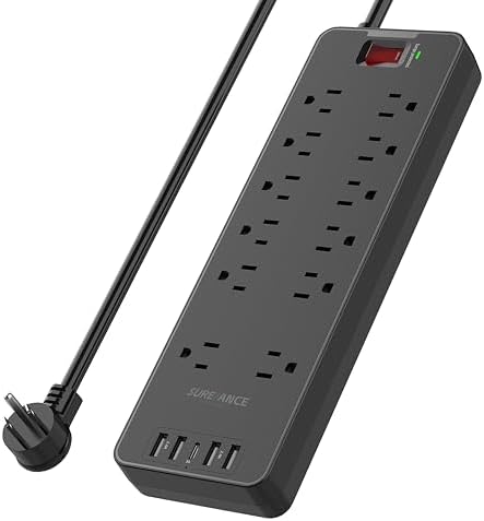 Surge Protector Power Strip - 12 Outlets, 4 USB-A Ports, 1 USB-C, 2100J, 6FT Flat Plug Extension Cord, Mountable - Compatible with Phone 15/16 Series - ETL Certified for Home, Office, Dorm