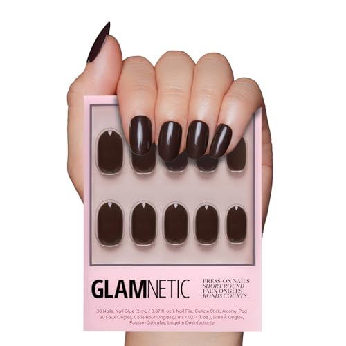 Glamnetic Press On Nails - Bark Brown | Opaque Dark Brown Short Round False Nails, Reusable Stick On Fake Nails with Glue | Salon Quality | 15 Sizes - 30 Nail Kit