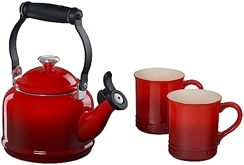 Le Creuset Enamel On Steel Demi Kettle with Metal Finishes & Stoneware Set of 2 Mugs, 1.25 qt. Kettle & (2) 14 oz. Mugs, Cerise