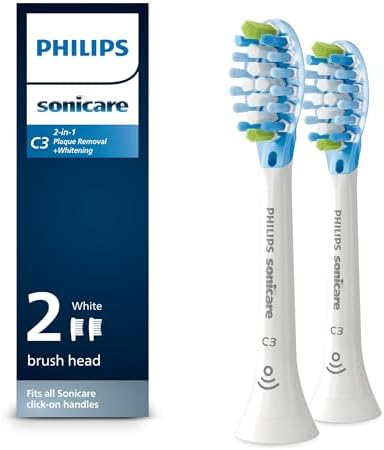 Philips Sonicare C3 2-in-1 Plaque Removal+Whitening Brush Heads, Genuine Replacement Toothbrush Heads, White, 2 Pack, HX9042/65
