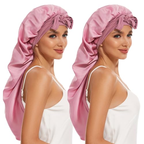 Long Bonnet for Braids & Curly Hair, Silk Satin Bonnet for Sleeping, Extra Large Bonnets Shower Cap for Women Braid (Pink Pink)