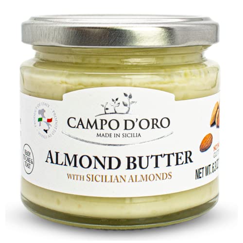 CAMPO D'ORO - Almond Butter, Sweet Creamy Almond Spread, (6.35oz - 180 g), Product of Italy, Made in Sicily. NON-GMO