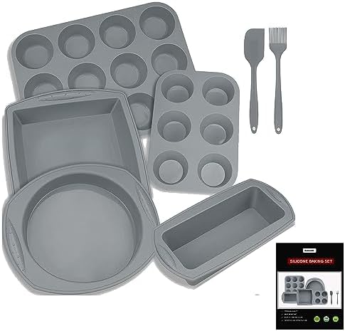 7in1 Silicone Bakeware Baking Set, Kitchen Bake Pans Molds Tray for Oven with BPA Free Round/Square Cake Pan, Loaf Pan, Muffin Pan for Bread Pizza Cheesecake Cupcake Pie Desserts