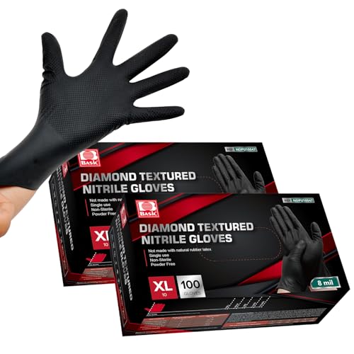Jointown Basic Heavy Duty Nitrile Gloves, 8 Mil Black Mechanic Disposable Gloves X-Large with Raised Diamond Texture, Latex Free, Powder Free Industrial Automotive Work Gloves Box of 200