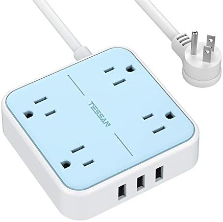 Flat Plug Power Strip with 3 USB Ports, TESSAN 4 Widely Spaced Outlets Extension Cord Wall Mount Charging Station, 5 FT Power Cord for Home, Office, Dorm Essentials, Blue